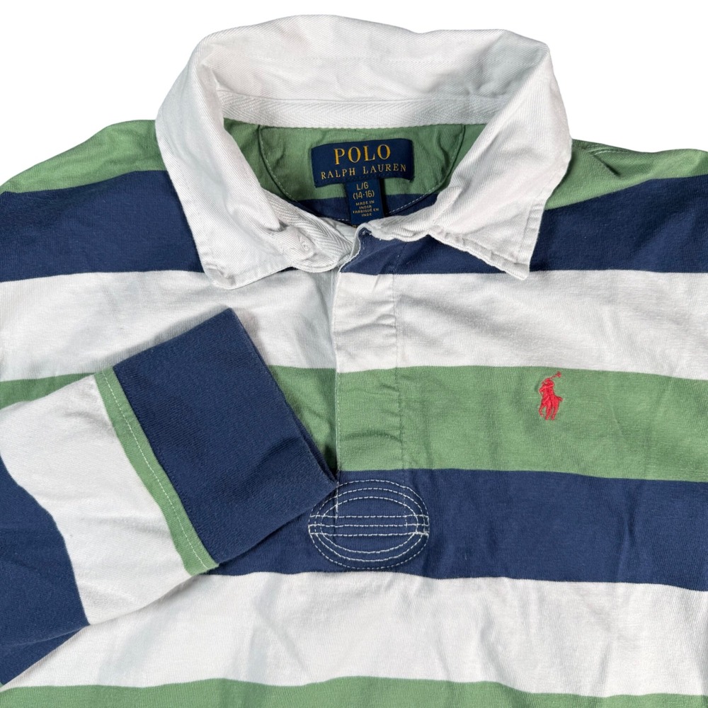 Polo Ralph Lauren Rugby Shirt Kids Large Green Blue Striped Long Sleeve Polo
